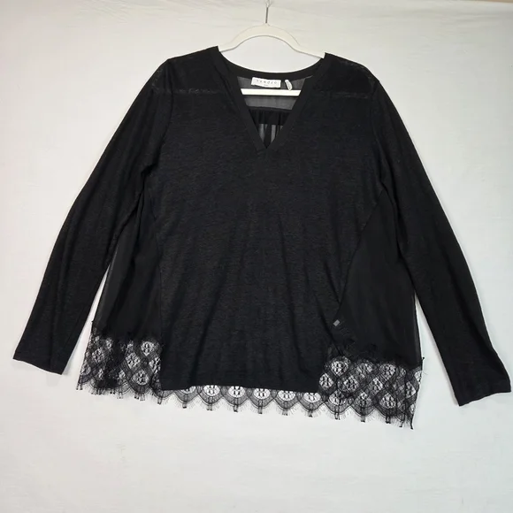 Sandro Paris Black Sheer Lace Hem Blouse Size 1 US S Linen Blend Long Sleeve - Picture 10 of 15